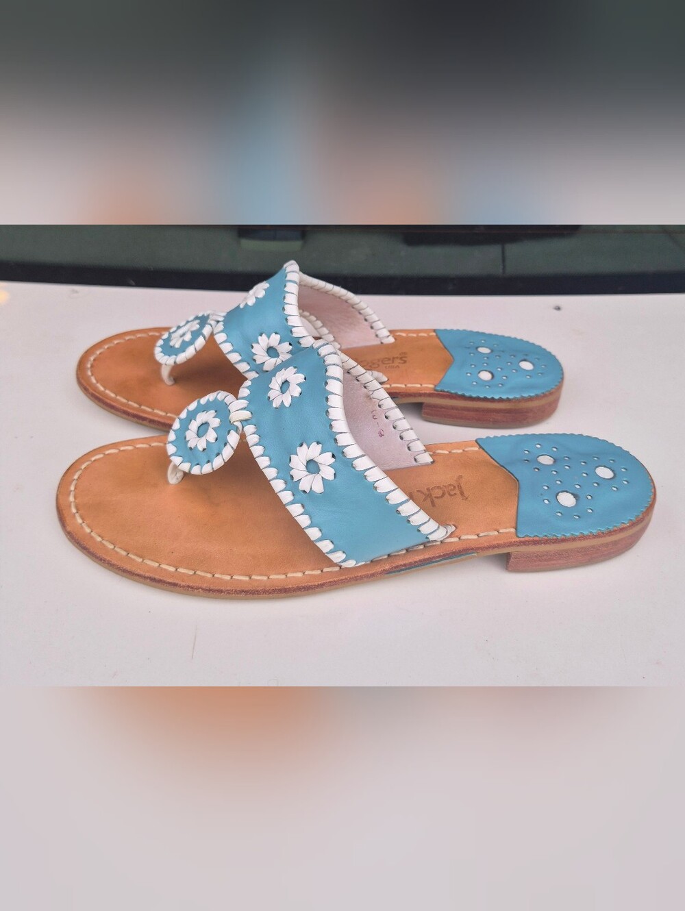 Jack Rogers Blue Leather Whipstitch Sandals – Size 9M – Classic Daisy Style